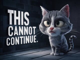 A grumpy animated cat with large eyes standing beside the text this cannot continue on a dark background, perfect for humorous posters, social media memes, and digital content. - Powered by Adobe