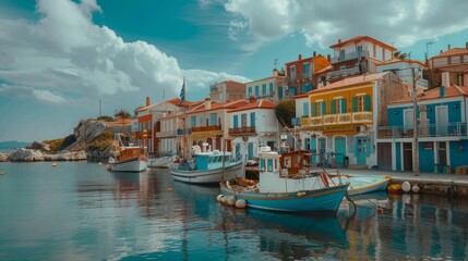 Obraz premium A picturesque Greek island harbor lined with colorful buildings and fishing boats