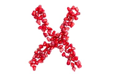 X English Alphabet Capital Letter Written with Pomegranate Seeds Isolated on White Background,...