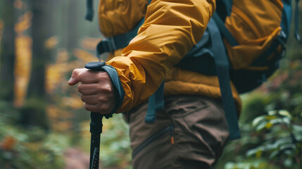 A close-up of a hiker's hand gripping a trekking pole, showing the determination of the journey.
