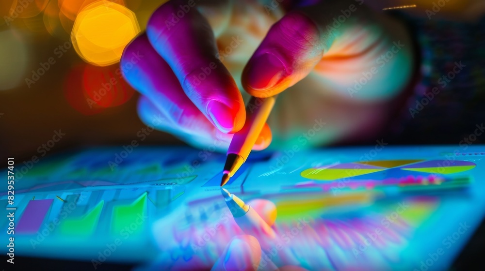 Poster a close-up of a hand holding a pen, analyzing a colorful business graph on a tablet screen.