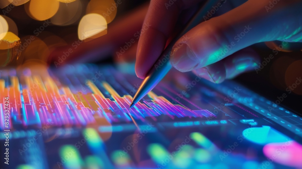 Poster a close-up of a hand holding a pen, analyzing a colorful business graph on a tablet screen.