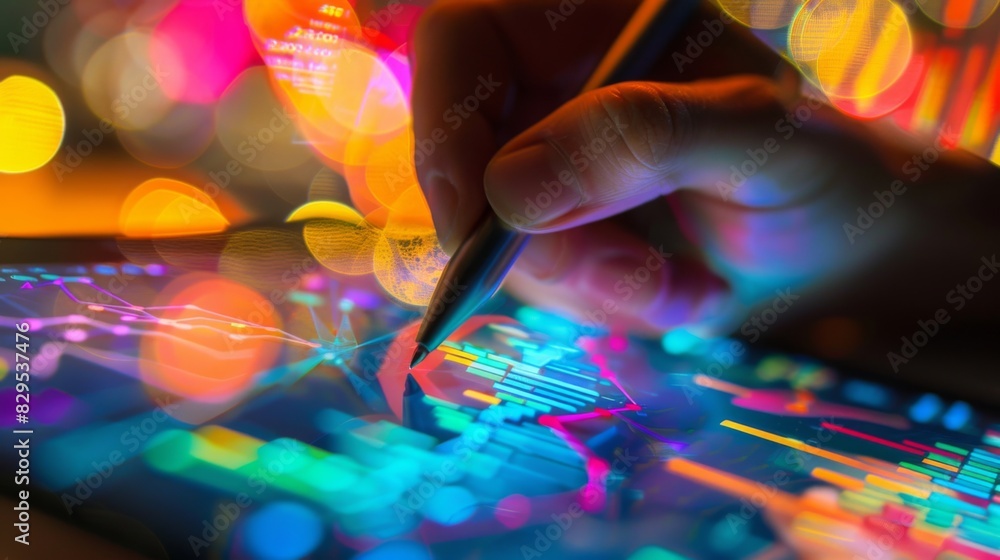 Poster a close-up of a hand holding a pen, analyzing a colorful business graph on a tablet screen.