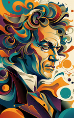 Vibrant, abstract portrait of composer ludwig van beethoven, featuring flowing lines and geometric shapes in a modern artistic interpretation