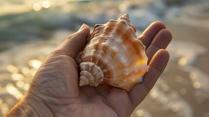 A macro image of a seashell picked up on a beach, held in a traveler's hand.