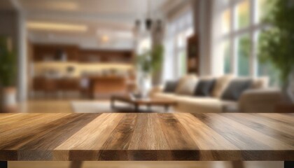 Wooden tabletop with a sleek and stylish living room in the background.