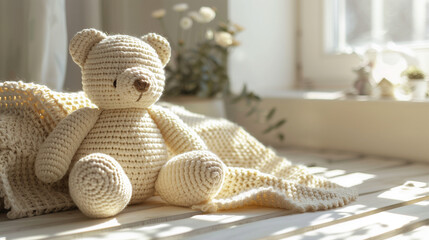 Cozy Knitted Teddy Bear and Blanket in Sunlit Room
