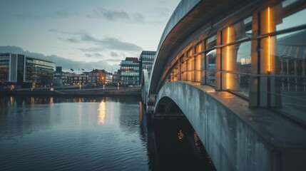 A close-up of a modern bridge's illuminated arches over a tranquil river, with the city in the background.