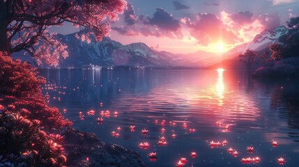 A digital illustration of a tranquil lake with a glowing reflection.