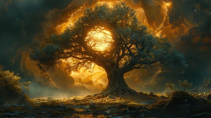 A conceptual painting of a tree with branches forming a circle of light.