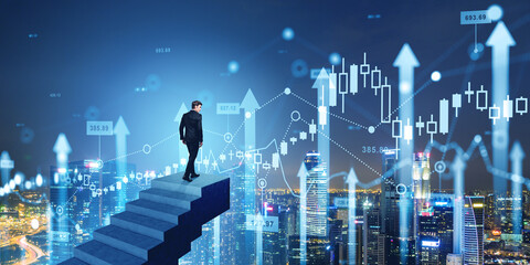 Businessman on concrete stairs, Singapore skyscrapers and forex trading hologram