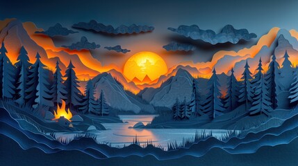 Stunning paper cut showing a cozy tent with coffee brewing over a campfire and a forest backdrop
