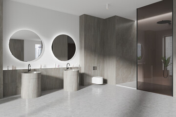 Stylish home bathroom interior with double sink, toilet and shower