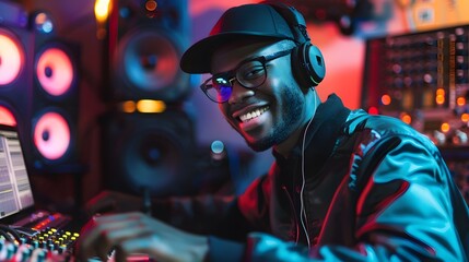 Joyful Young Music Producer Crafting Rhythms in Vibrant Studio