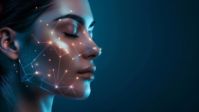 Beautiful woman with closed eyes and lines of digital facial biometric. Lifting lines, advertising of face contour correction, female face skin lifting. Facial rejuvenation concept, cosmetology