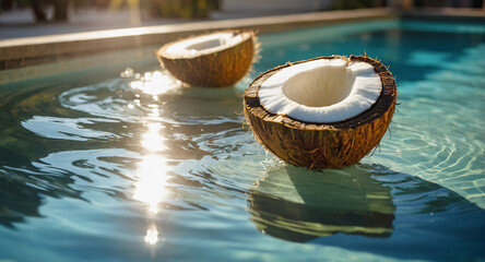 Coconuts floating in blue swimming pool water. Tropical summer vacation. Pool water texture background with coconuts