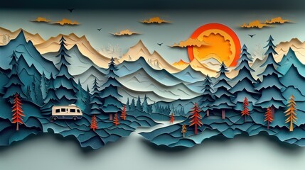 Stunning paper cut art featuring a camper enjoying a morning coffee with mountains in the background