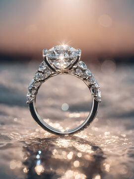 golden ring with diamonds on the beach