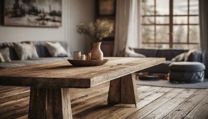 living room interior.A rustic wooden table in a modern, blurred living room background