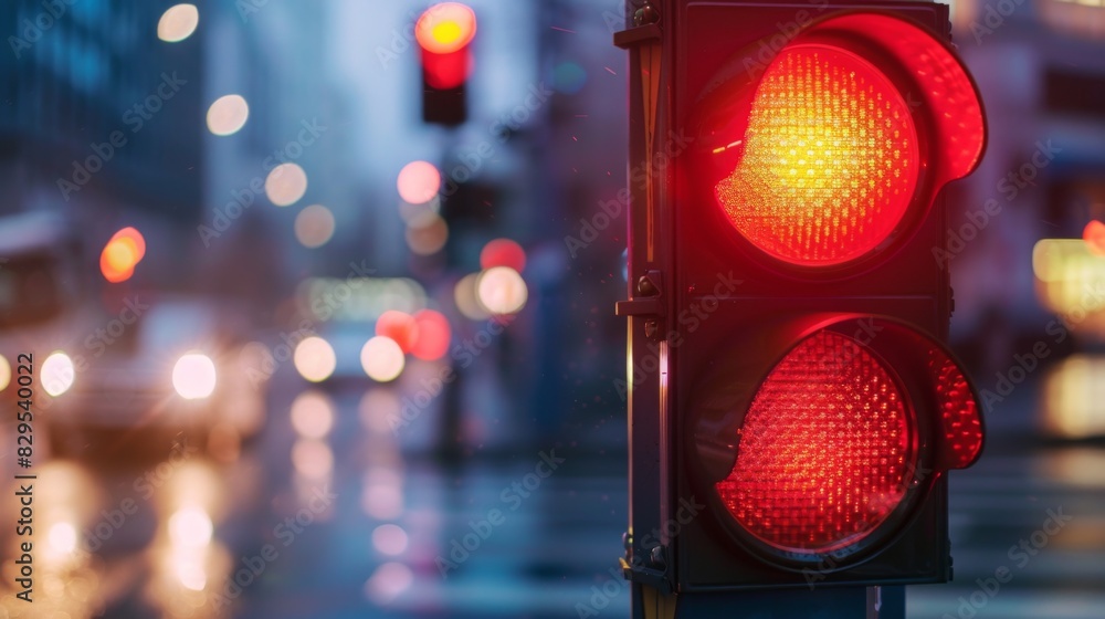 Poster a close-up of a red traffic light glowing brightly at an urban intersection during the evening rush 