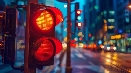 A close-up of a red traffic light glowing brightly at an urban intersection during the evening rush hour