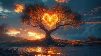An image of a tree with branches forming a glowing heart.