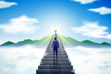 Fototapeta premium illustration of people climbing stairs to a trophy at the top of a mountain covered in sparkling light