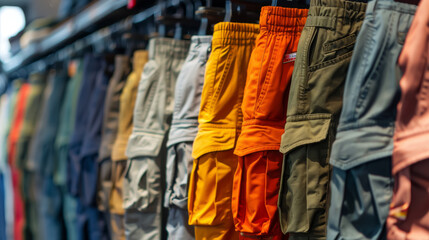 Variety of Colorful Cargo Pants Hanging in a Clothing Store