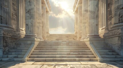A majestic marble staircase leading up to the entrance of an ancient Greek temple
