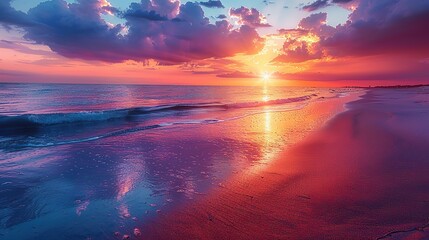 A vibrant image of a tranquil beach with a glowing sunset.