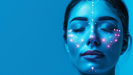 Beautiful woman with closed eyes and lines of digital facial biometric. Lifting lines, advertising of face contour correction, female face skin lifting. Facial rejuvenation concept, cosmetology