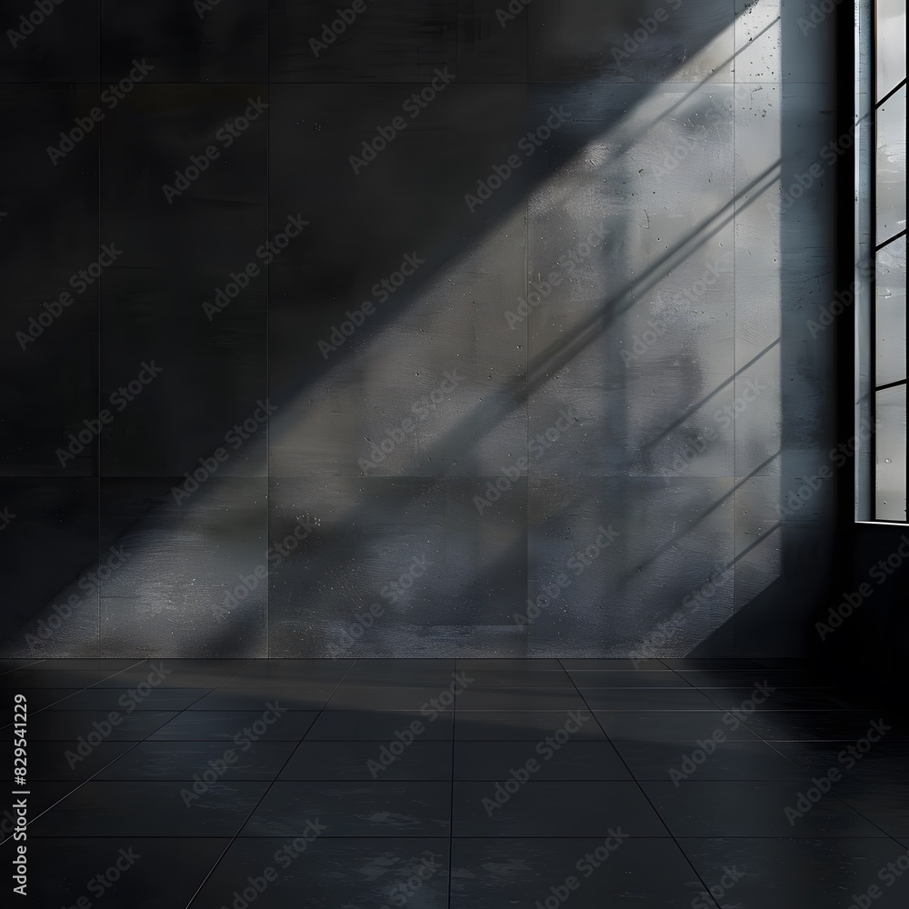 Poster 3d render of black empty room and light from the window