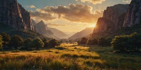 Enchanted valley in golden hour