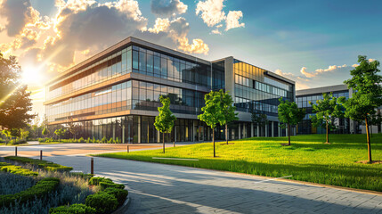 a building with glass windows and grass in front of it