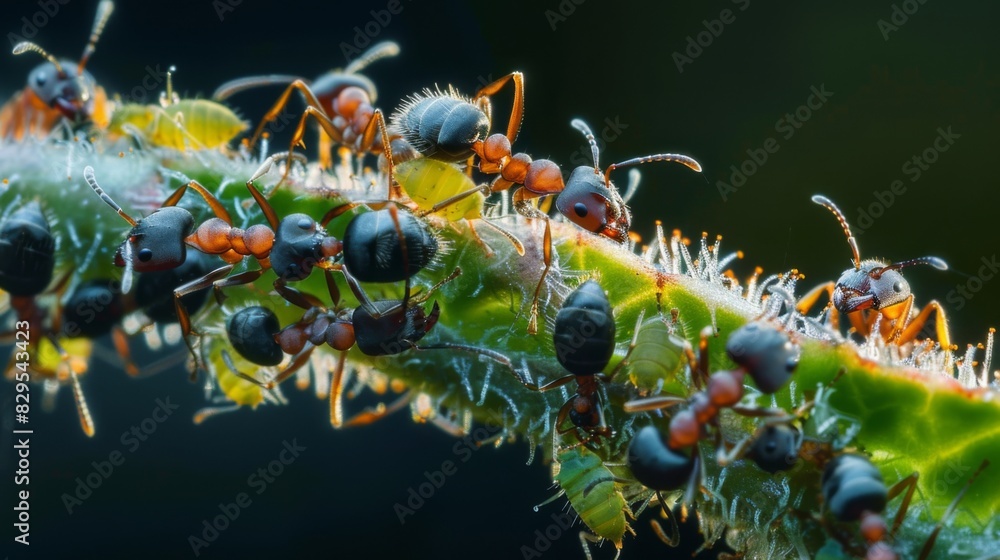 Poster a close-up of ants interacting with aphids on a plant, highlighting the symbiotic relationship betwe