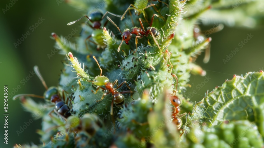 Poster a close-up of ants interacting with aphids on a plant, highlighting the symbiotic relationship betwe