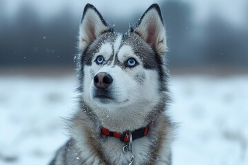 Fototapeta premium Beautiful Husky dog with striking blue eyes and snowflakes on its fur, looking attentively in a winter scene
