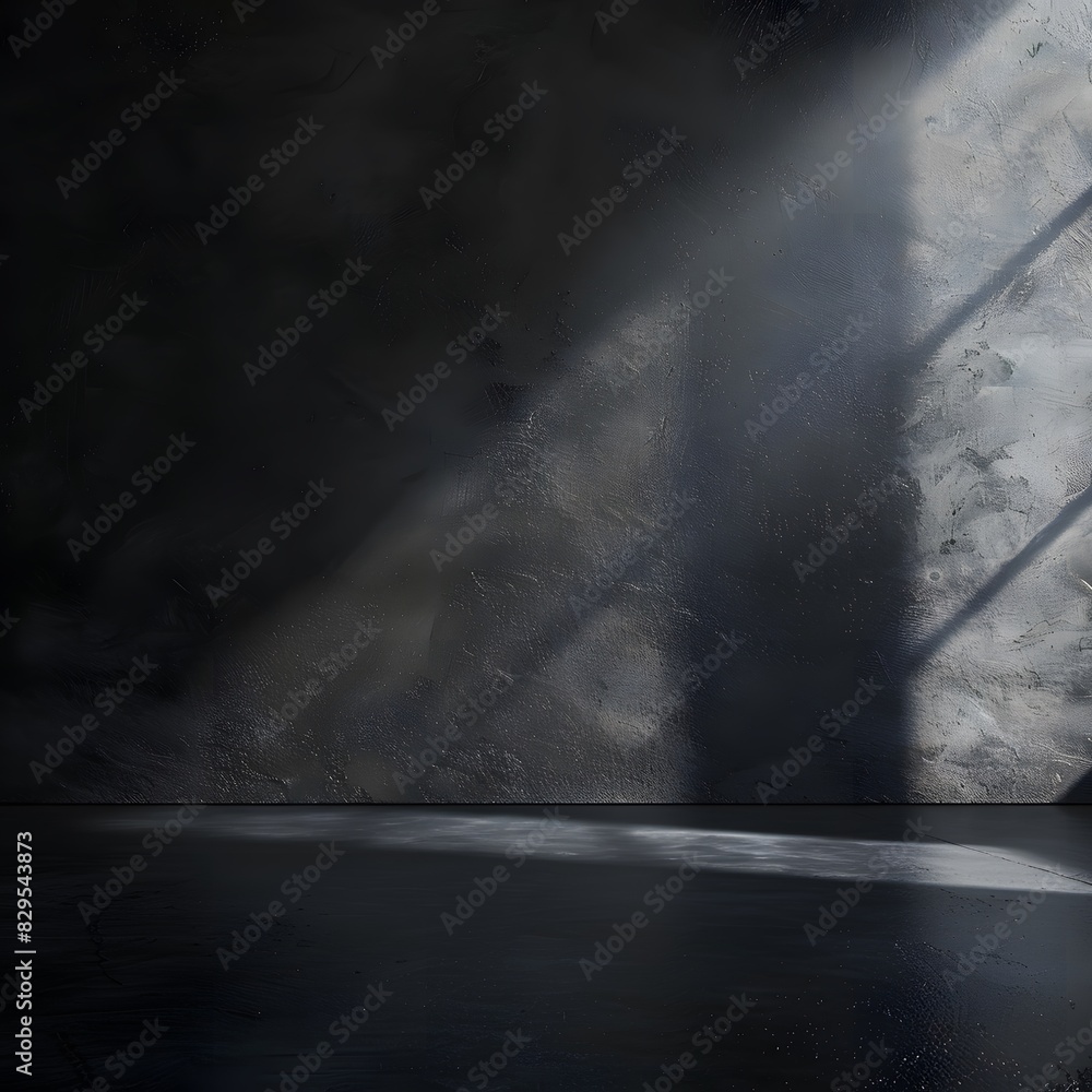 Poster 3d render of black empty room and light from the window