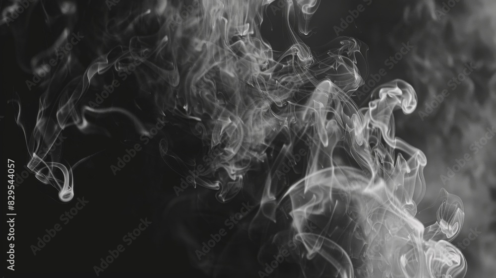 Poster a close-up of cigarette smoke swirling in the air against a dark background, highlighting the intric