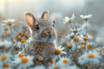 A baby bunny sitting in a field of daisies, looking curious