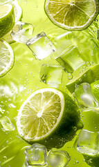 Lime slices in water with ice cubes, closeup, high resolution photography, green background.