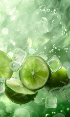 Lime slices in water with ice cubes, closeup, high resolution photography, green background.
