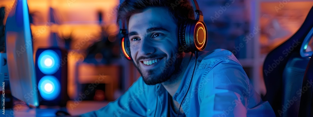 Poster smiling young video editor working with computer in vibrant studio setup