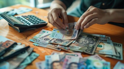 A close-up of hands counting Thai baht banknotes, with a calculator and financial documents on a desk.