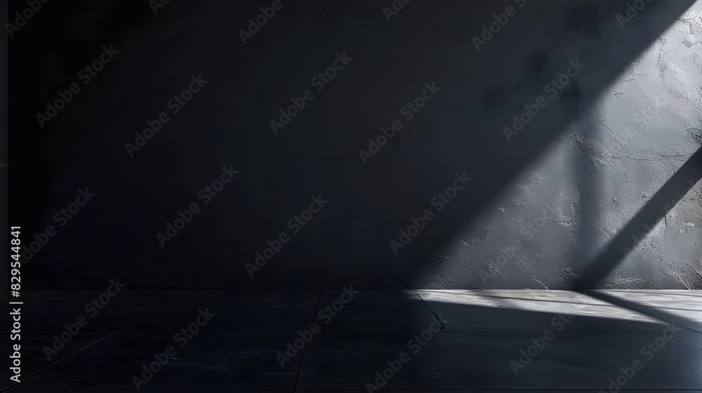 Poster 3d render of black empty room and light from the window