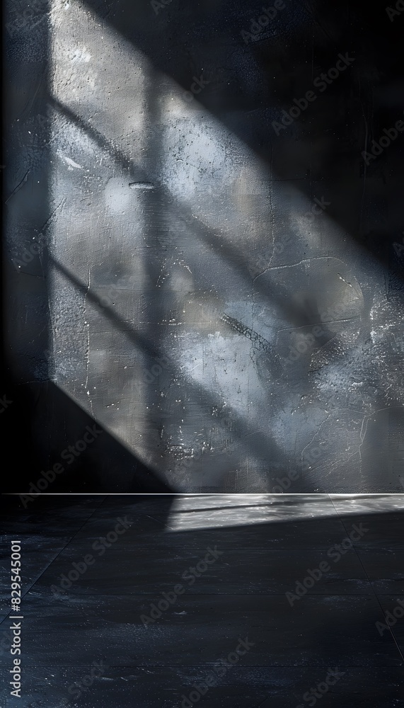 Poster 3d render of black empty room and light from the window