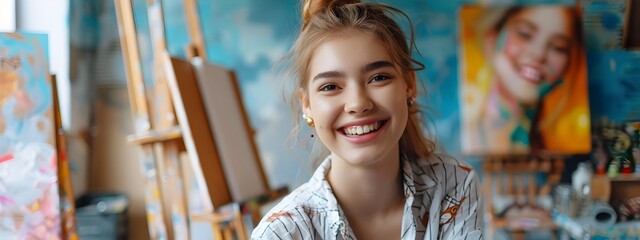 Vibrant Canvas Awaits Happy Young Excels in Colorful Studio