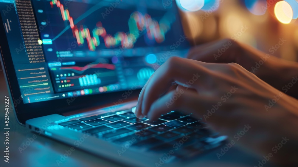 Aufkleber A close-up of hands typing on a laptop keyboard with financial graphs and charts displayed on the screen.