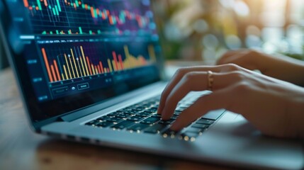 A close-up of hands typing on a laptop keyboard with financial graphs and charts displayed on the screen.