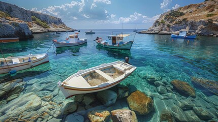 A serene Greek island harbor with fishing boats bobbing in the crystal-clear waters - Powered by Adobe